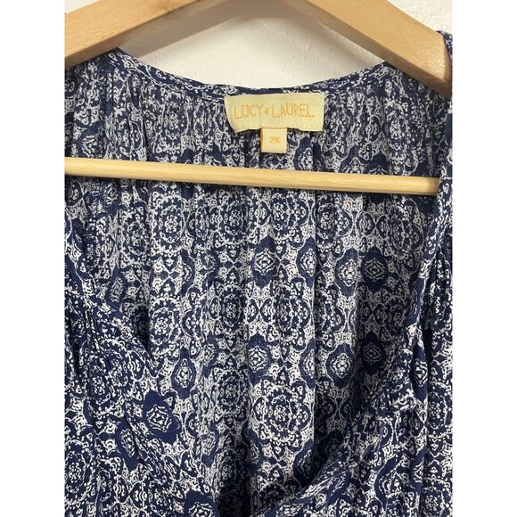 Anthropologie Lucy & Laurel Blue Boho Puff Sleeve Blouse SZ 2X Patterned EUC - Picture 3 of 12